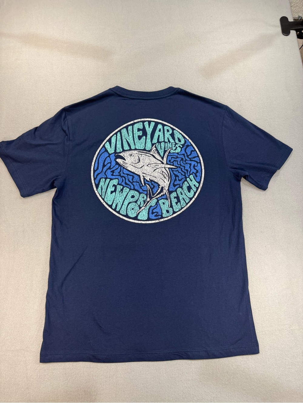 Vineyard Vines Navy Tee with Aqua & Blue Fish Emblem Newport Beach